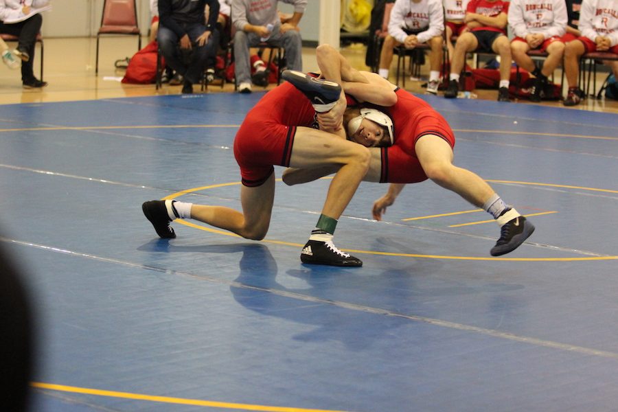 TOUGH COMPETITOR: Alec Viduya uses all his effort to try to pin Jarrod Shanley to the ground. Viduya competed at a meet held at Roncalli.