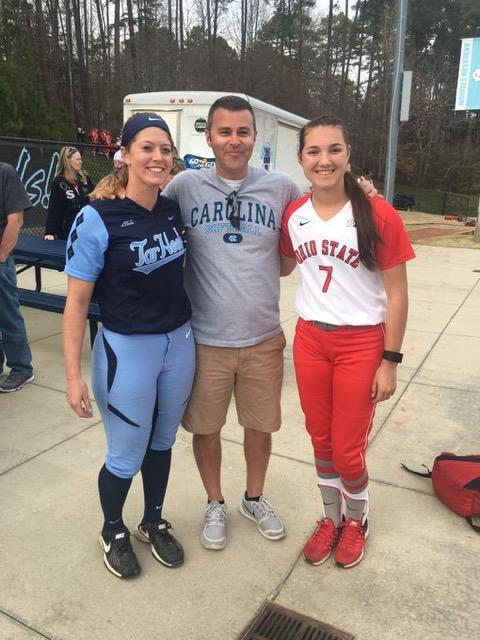 OUT OF THE PARK: (from left to right) Kendra Lynch, Dan Lauck, and Megan Choinacky get together for a photo after on of their games. Lynch and Choinacky played together at Roncalli for 2 years.