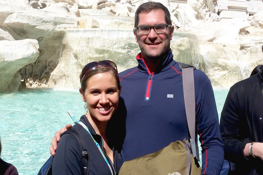 NEWLY ENGAGED: English teachers Ms. Tristan McGill and Mr. Frank Litz pose in front of the Trevi Fountain in Rome.  While on a pilgrimage to Italy, Litz proposed to McGill after dating for a few years.