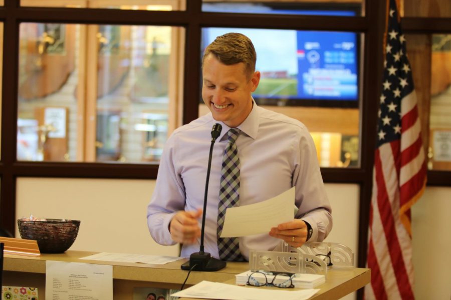 GOOD MORNING RONCALLI: New vice principal Mr. Kevin Banich addresses the school on the announcements. Banich has taken over this role which used to be a responsibility of Mrs. Shellie Hartford