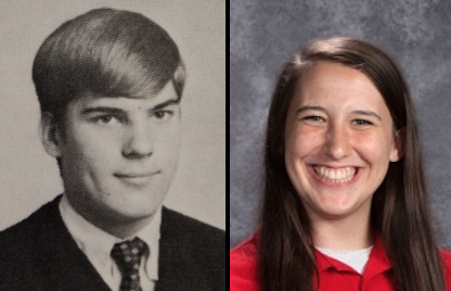 SAY CHEESE: Alumnus Chuck Kern and senior Maggie Schoening smile for their senior portraits.