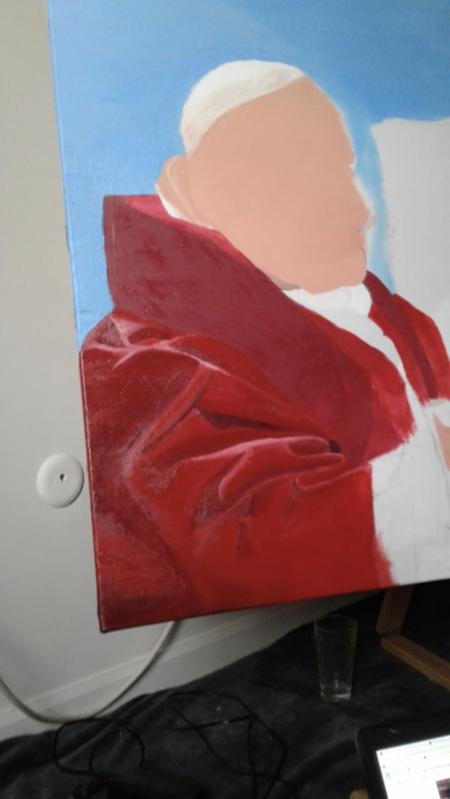 RONCALLI+IN+A+CANVAS%3A+Senior+Jaidly+Ansico+and+his+recent+painting+%E2%80%9CThe+Spirit+of+Roncalli%E2%80%9D+in+the+works.+It+is+looking+to+be+done+soon.+%0A