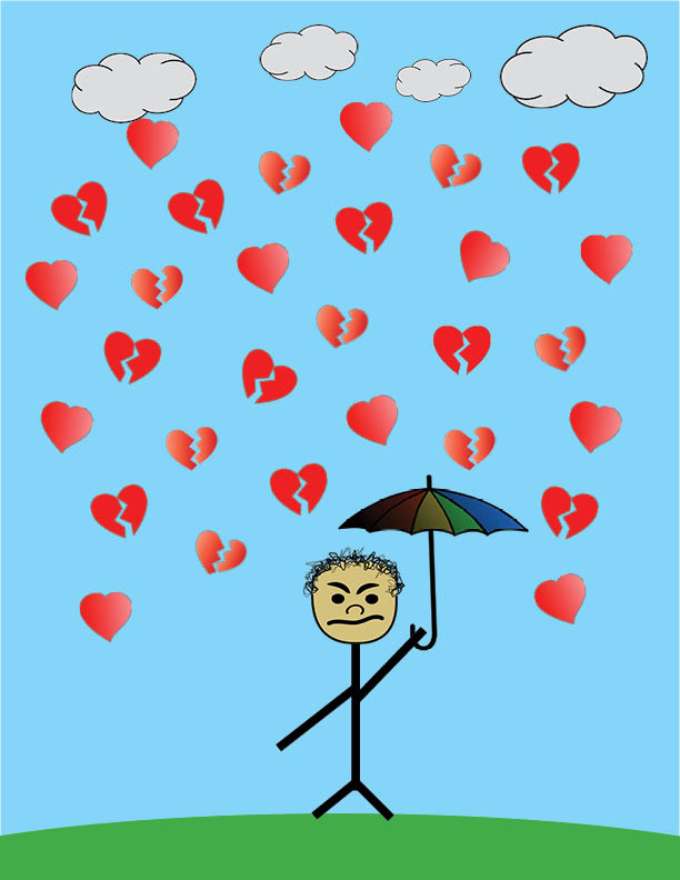 WHO NEEDS LOVE: This satirical cartoon depicts an angry man on Valentines Day. Surrounded by love and affection, he angrily defends himself from the hearts with his umbrella of anger and apathy.