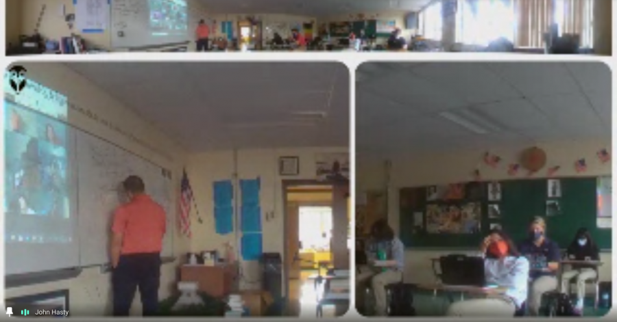 This is a look at Hastys OWL Camera, a 360-degree camera that he uses to show synchronous learners whats going on in class. The other two cameras on the owl track people that are talking or moving the classroom.