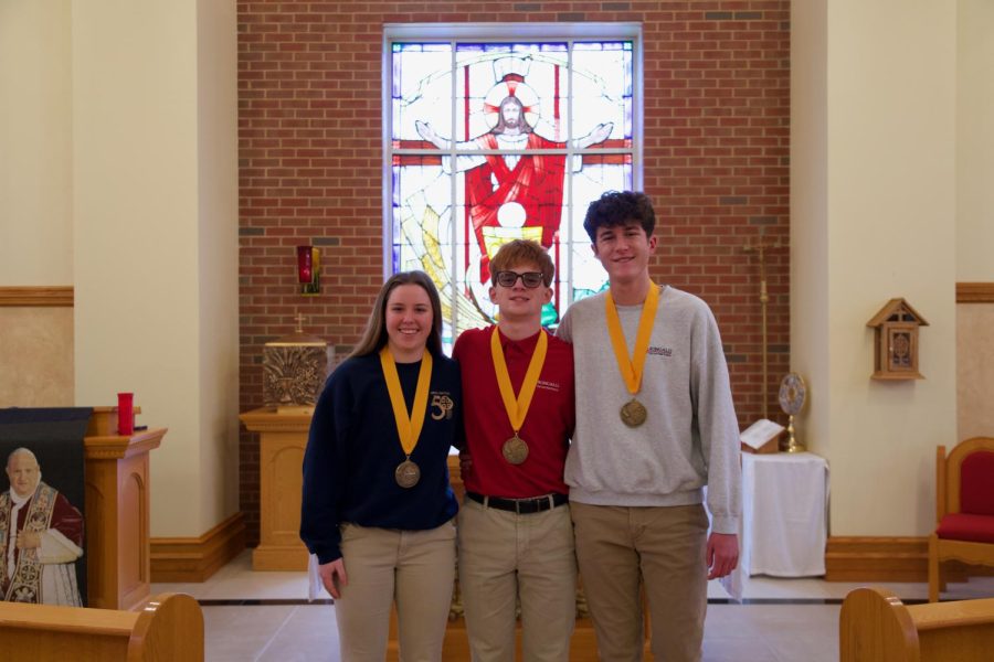 2023+Valedictorian+and+Co-Salutatorian%2C+Anna+Dressman%2C+Andrew+Dial+and+Max+Neitzke+were+recognized+for+their+academic+achievement+during+all+school+mass+February+22.+Each+senior+will+give+a+speech+at+graduation