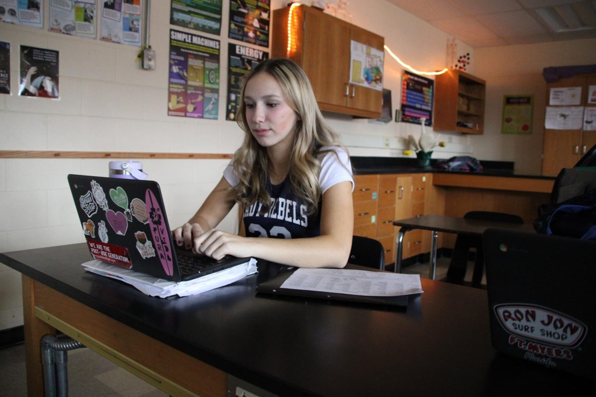 Sophomore Anna Cromer schedules during homeroom for her classes for next year.  