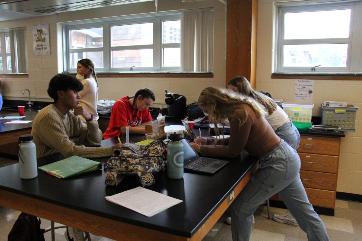  Students in AP Biology class work together while studying their lesson from class. The AP Biology test is 3 hours long and tests student’s skills and knowledge of coursework from the whole year. 